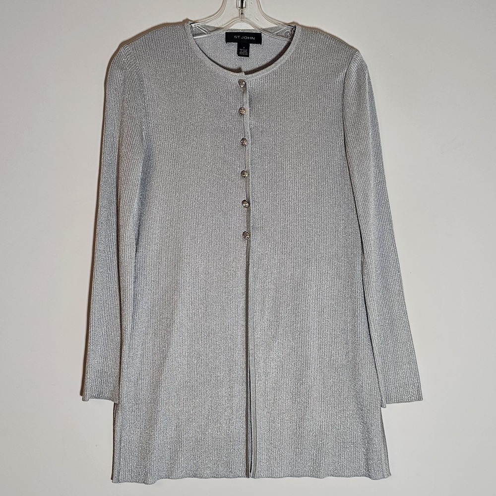 St John Sweater Womens P‎ Silver Cardigan Soft Classic Comfy Sparkle Glam Petite